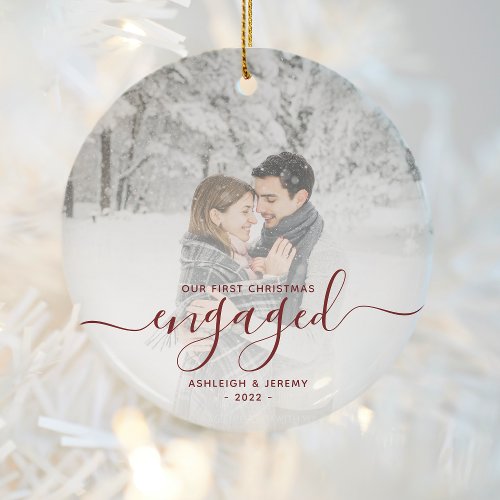 First Christmas Engaged Custom Photo Red Script Ceramic Ornament