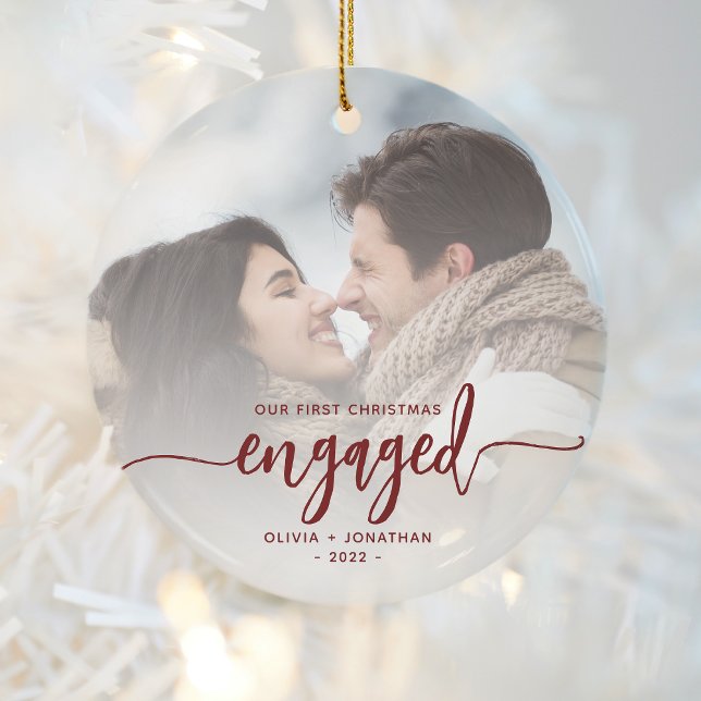 First Christmas Engaged Custom Photo Red Script Ceramic Ornament (Creator Uploaded)
