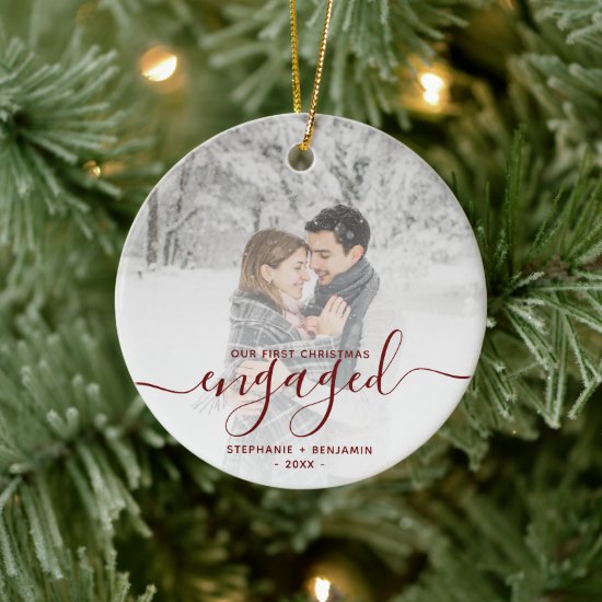 First Christmas Engaged Custom Photo Red Script Ceramic Ornament