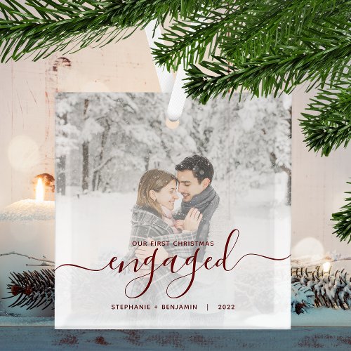 First Christmas Engaged Custom Photo Red Script Glass Ornament