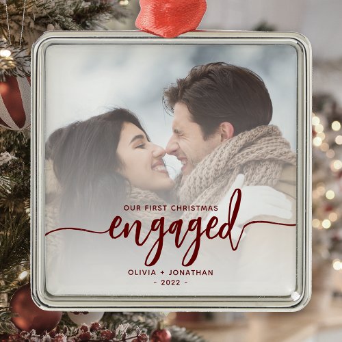 First Christmas Engaged Custom Photo Red Script Metal Ornament