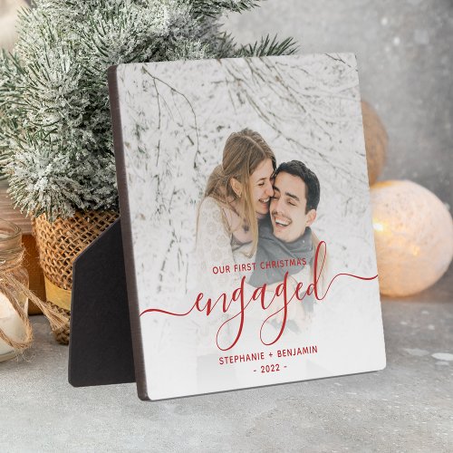 First Christmas Engaged Custom Photo Red Script Plaque