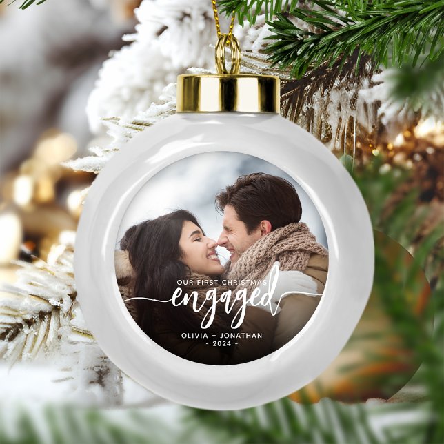 First Christmas Engaged Custom Photo White Script Ceramic Ball Christmas Ornament (Creator Uploaded)