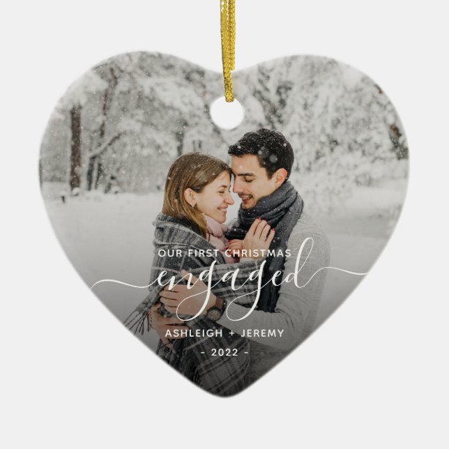 First Christmas Engaged Custom Photo White Script Ceramic Ornament (Front)