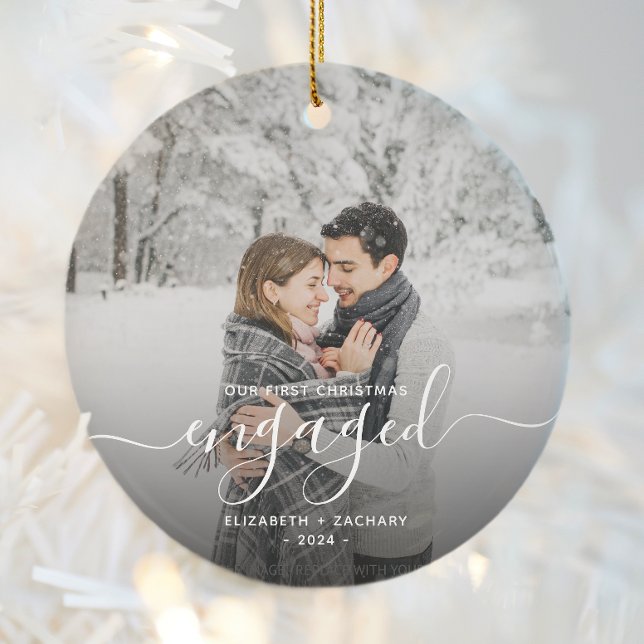 First Christmas Engaged Custom Photo White Script Ceramic Ornament (Creator Uploaded)