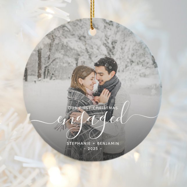 First Christmas Engaged Custom Photo White Script Ceramic Ornament (Creator Uploaded)