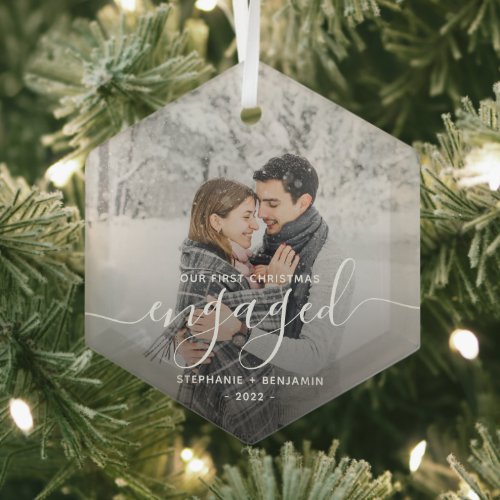 First Christmas Engaged Custom Photo White Script Glass Ornament