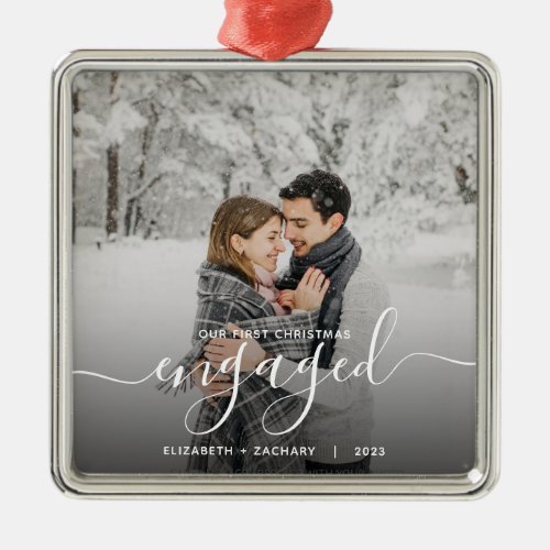 First Christmas Engaged Custom Photo White Script Metal Ornament