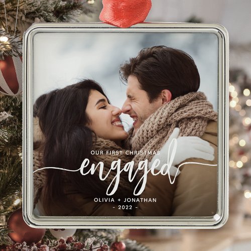 First Christmas Engaged Custom Photo White Script Metal Ornament