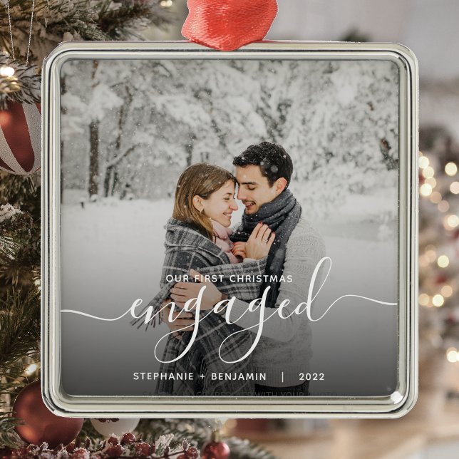 First Christmas Engaged Custom Photo White Script Metal Ornament (Creator Uploaded)