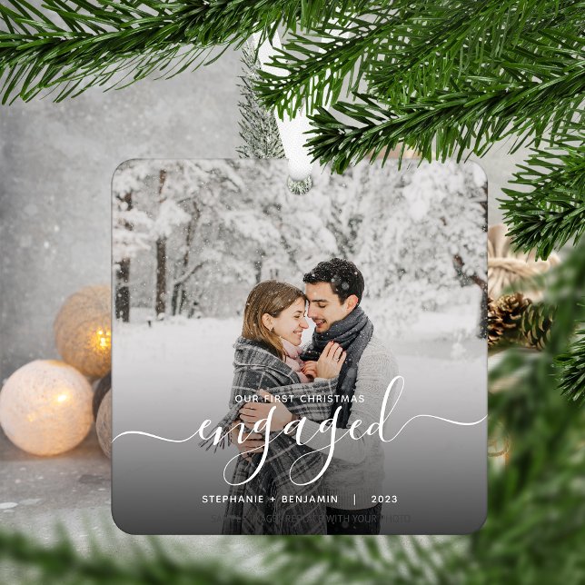 First Christmas Engaged Custom Photo White Script Metal Ornament (Creator Uploaded)