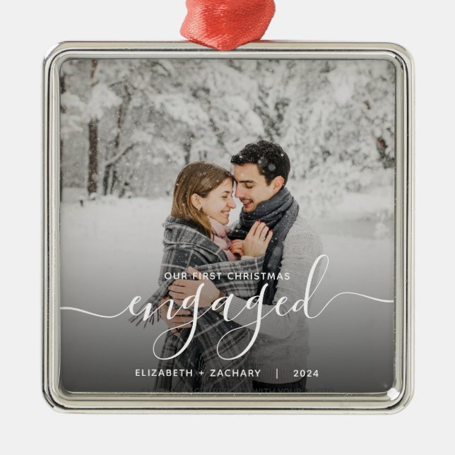 First Christmas Engaged Custom Photo White Script Metal Ornament (Front)
