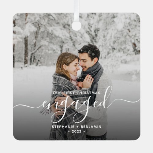 First Christmas Engaged Custom Photo White Script Metal Ornament