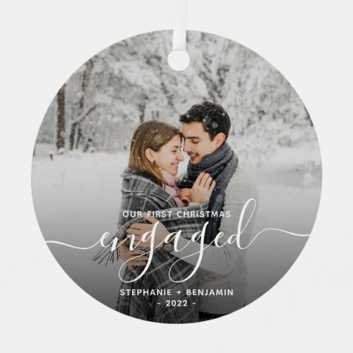 First Christmas Engaged Custom Photo White Script Metal Ornament