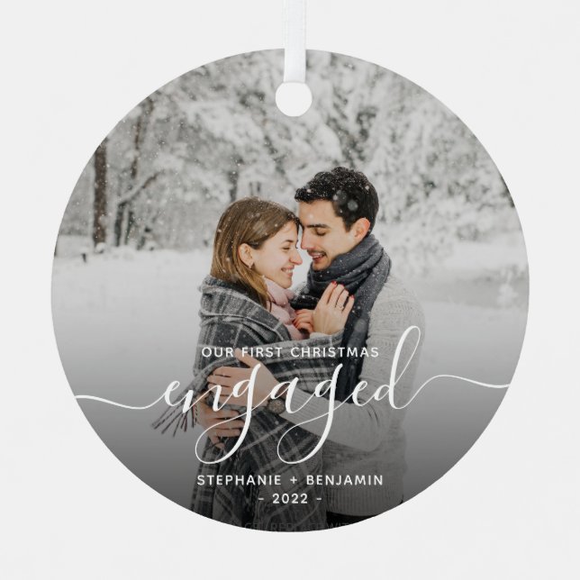 First Christmas Engaged Custom Photo White Script Metal Ornament (Front)