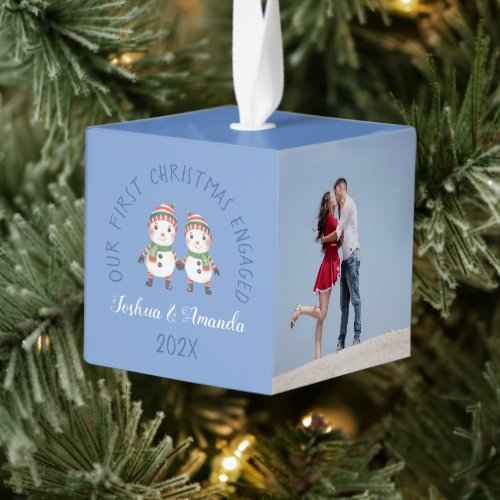 First Christmas Engaged Cute Snowmen 3 Photos Blue Cube Ornament