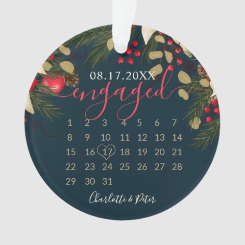 First Christmas engaged date wreath navy photo Ornament