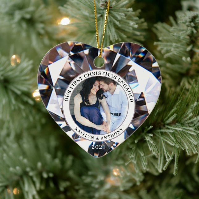 FIRST CHRISTMAS ENGAGED Diamond Heart 2 Photo Ceramic Ornament (Tree)