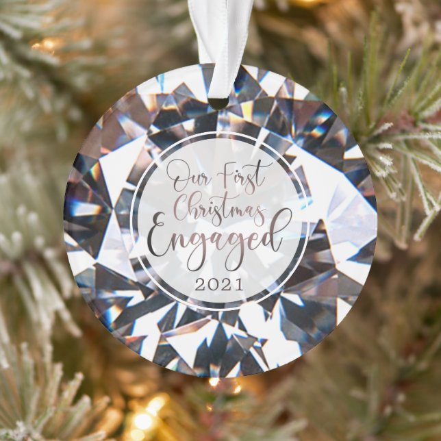 First Christmas Engaged Diamond Photo Personalized Ornament (Tree)