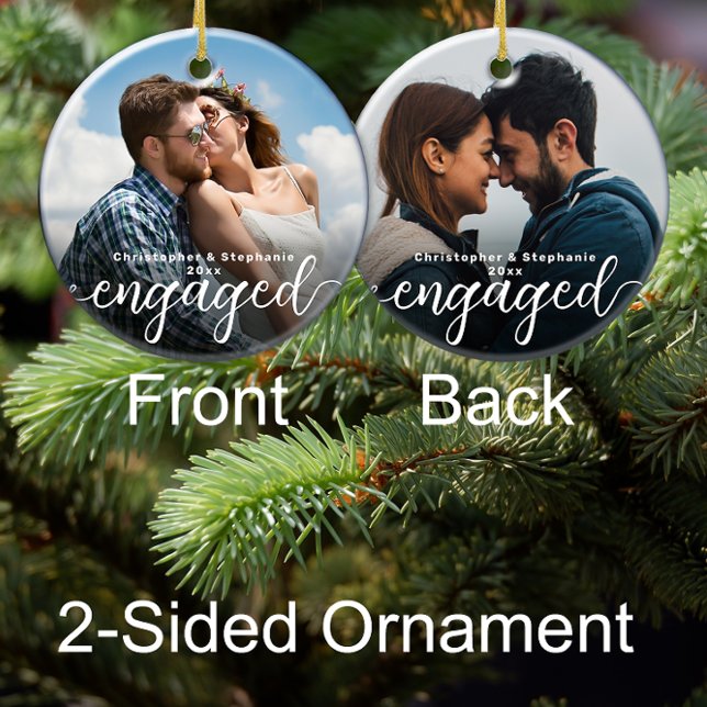 First Christmas Engaged Double Sided Photo Ceramic Ornament (custom photo engagement christmas ornament engaged personalized gift for fiancee)