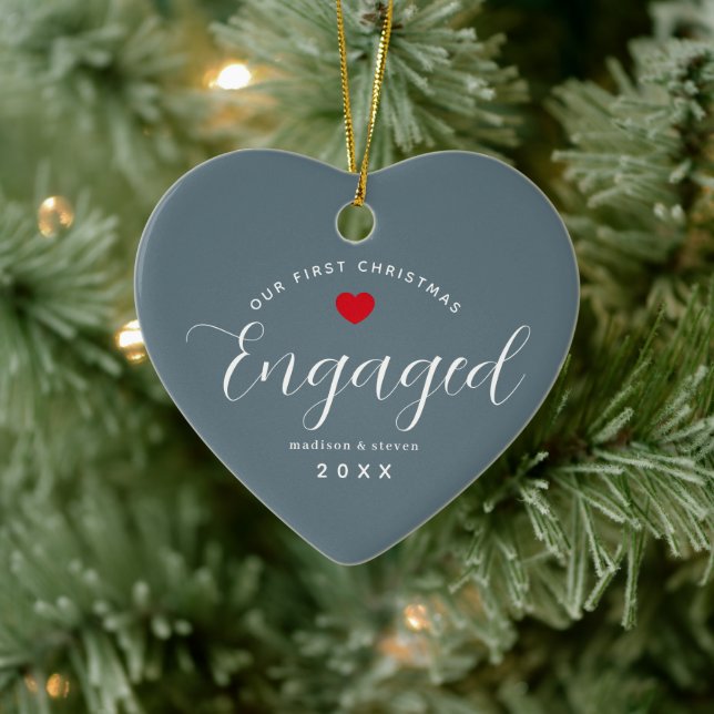 First Christmas Engaged Elegant Custom Heart Ceramic Ornament (Tree)