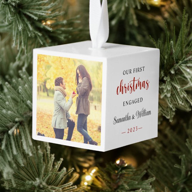 First Christmas Engaged Elegant Photo  Cube Ornament (Tree)