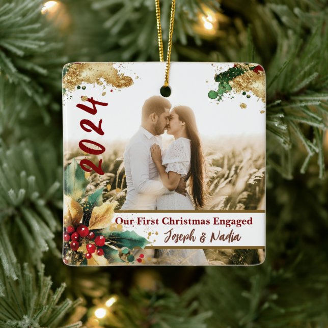 First Christmas Engaged, Engagement Photo 1st xmas Ceramic Ornament (Tree)