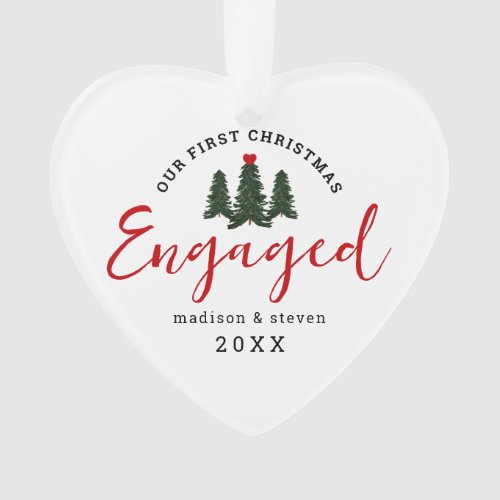First Christmas Engaged Evergreen Trees Heart Ornament