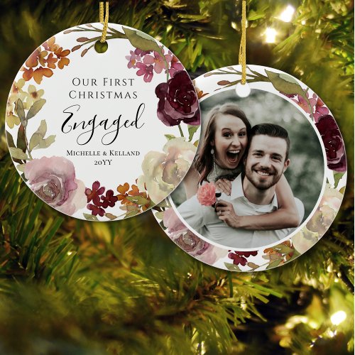 First Christmas Engaged Floral Ceramic Ornament