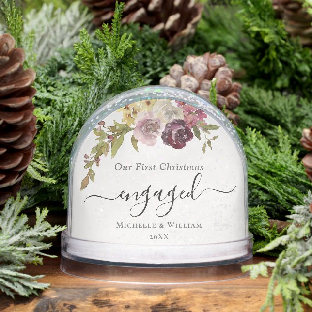 First Christmas Engaged Floral Monogram Photo Snow Globe (Winter)