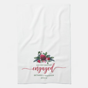 First Christmas Engaged Floral Red Rose Kitchen Towel