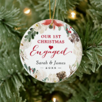 First Christmas Engaged Floral Wreath Photo Ceramic Ornament
