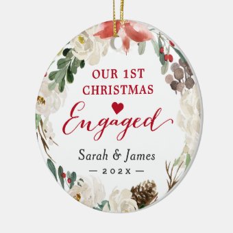 First Christmas Engaged Floral Wreath Photo Ceramic Ornament | Zazzle