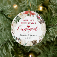 First Christmas Engaged Floral Wreath Photo Ceramic Ornament