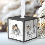 First Christmas Engaged Four Photo Gray Script Cube Ornament<br><div class="desc">Commemorate your engagement with this beautiful modern keepsake ornament. The charcoal gray text reads "Our first Christmas engaged, " with the word "engaged" in elegant handwriting script with flourishes before and after. The top, bottom and edges of the cube are a matching shade of gray. Replace the four sample images...</div>