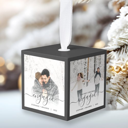 First Christmas Engaged Four Photo Gray Script Cube Ornament