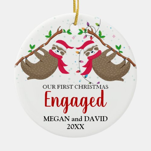 First Christmas Engaged Funny Sloths Ceramic Ornament