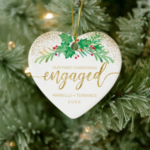 First Christmas Engaged Gold Glitter Holly Photo Ceramic Ornament