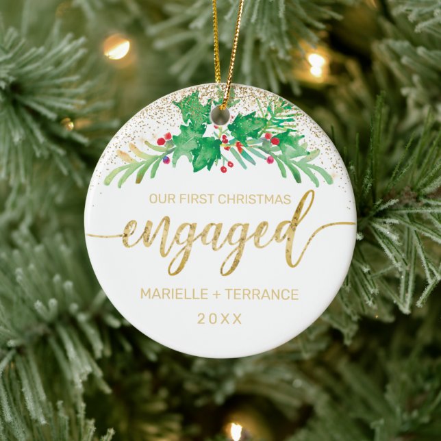 First Christmas Engaged Gold Glitter Script Holly Ceramic Ornament (Tree)