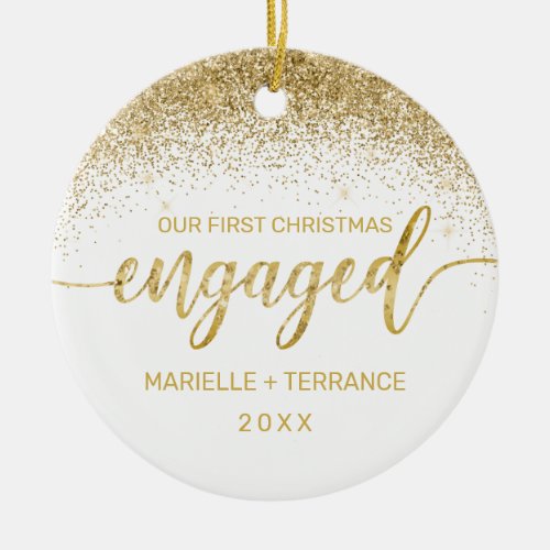 First Christmas Engaged Gold Glitter Script Photo Ceramic Ornament