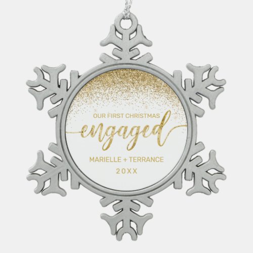 First Christmas Engaged Gold Glitter Script Snowflake Pewter Christmas Ornament