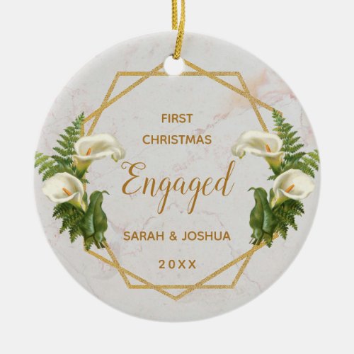 First Christmas Engaged Gold Marble Calla Lilies Ceramic Ornament