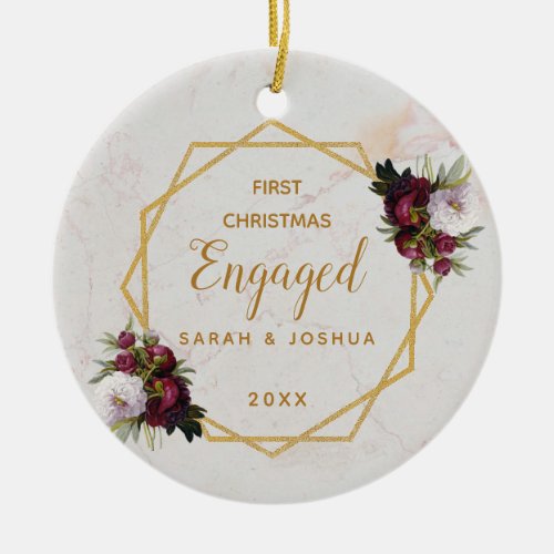 First Christmas Engaged Gold Marble Peonies Floral Ceramic Ornament