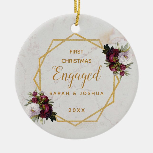 First Christmas Engaged Gold Marble Peonies Floral Ceramic Ornament (Front)