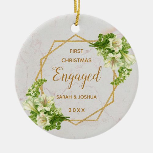 First Christmas Engaged Gold Marble White Lilies Ceramic Ornament