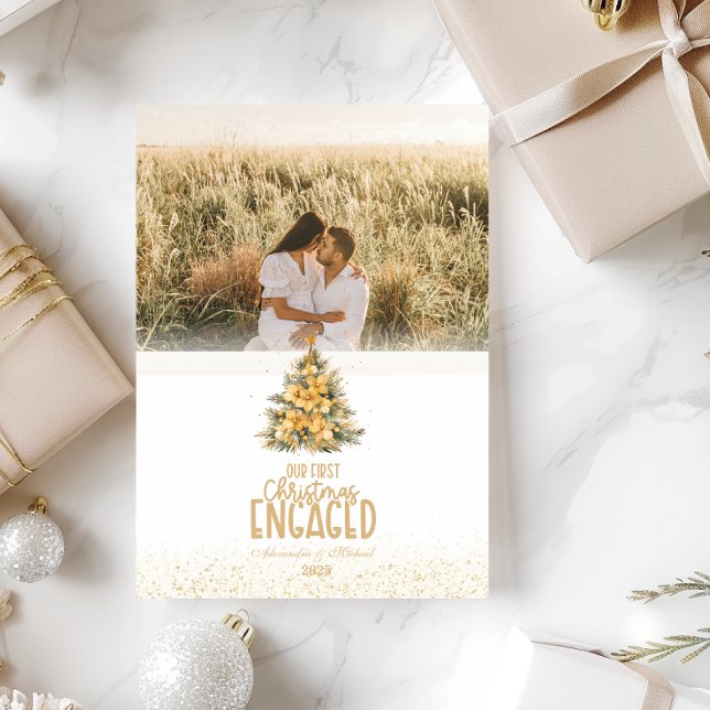 First Christmas Engaged gold photo  Holiday Card (Creator Uploaded)