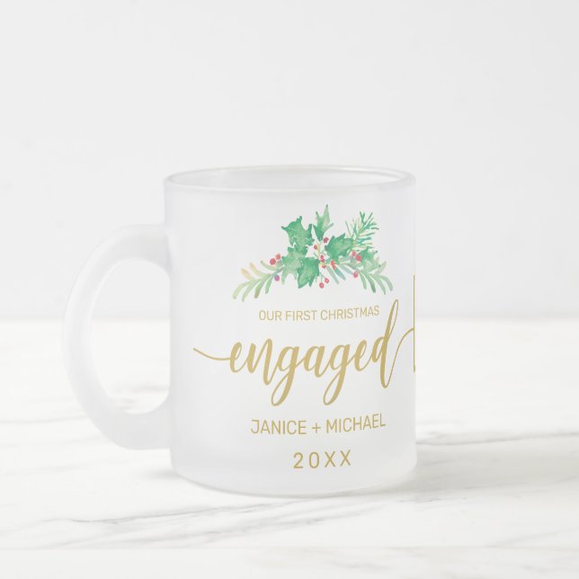 First Christmas Engaged Gold Script Holly Monogram Frosted Glass Coffee Mug (Left)