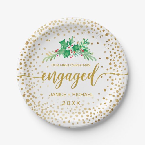 First Christmas Engaged Gold Script Holly Monogram Paper Plates