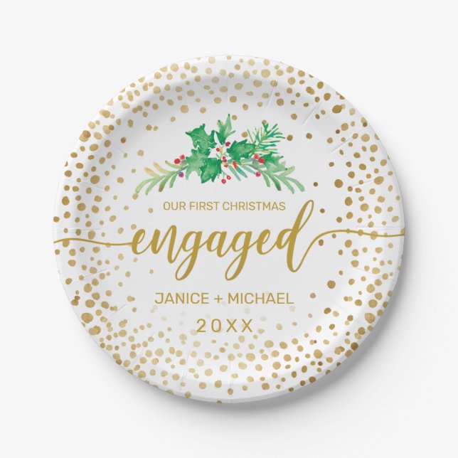 First Christmas Engaged Gold Script Holly Monogram Paper Plates (Front)