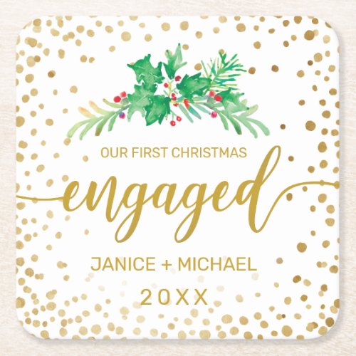 First Christmas Engaged Gold Script Holly Monogram Square Paper Coaster